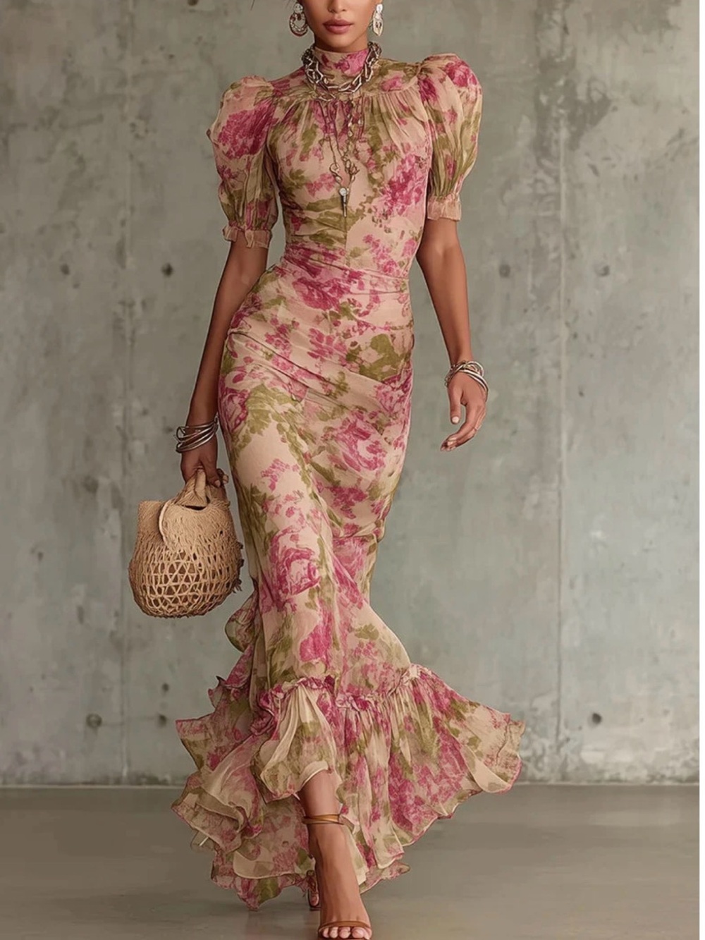 Floral Puff-Sleeve Maxi Dress in Pink and Olive